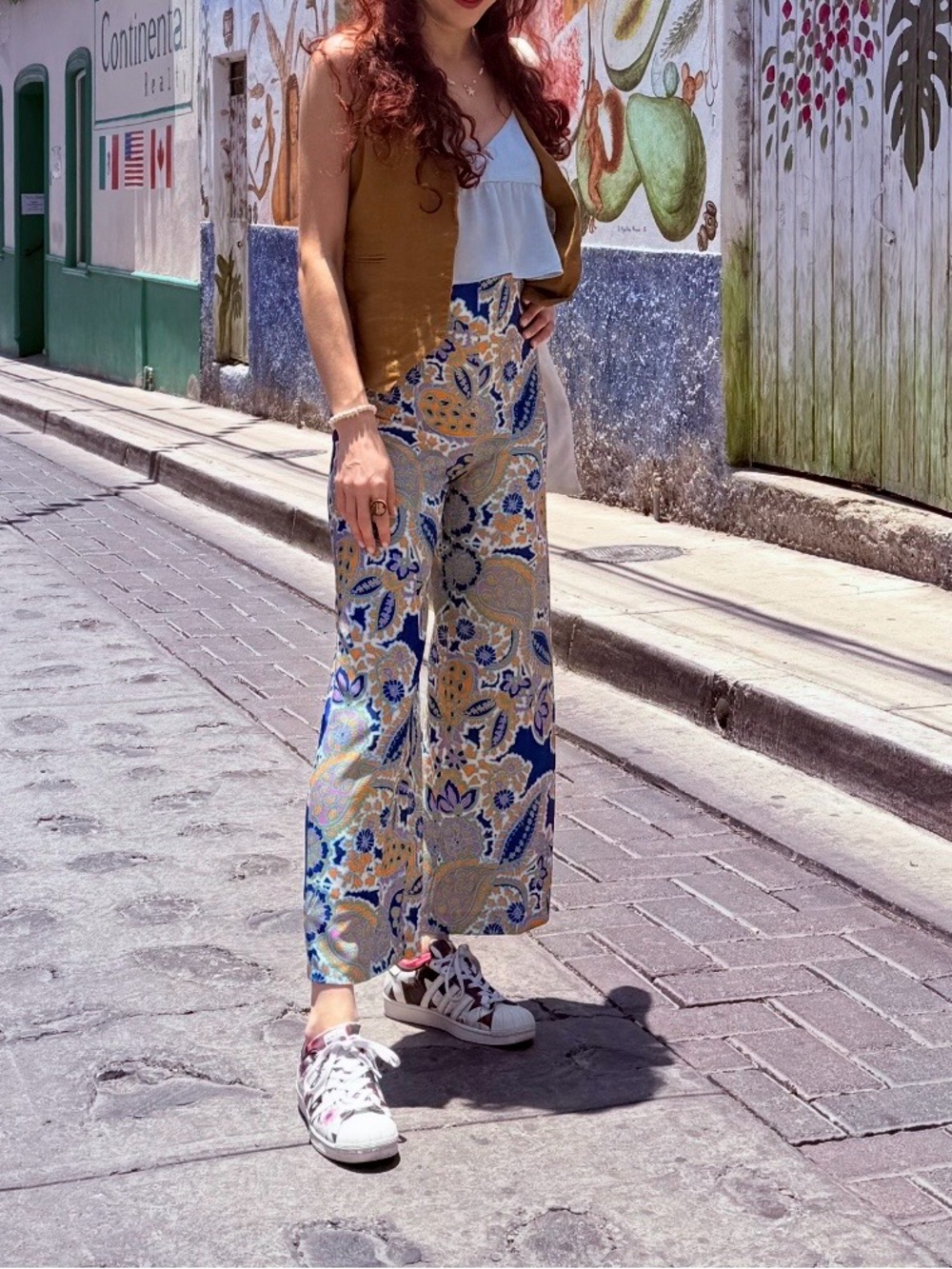 Zara Blue Paisley pants with Yellow and Pink Accents